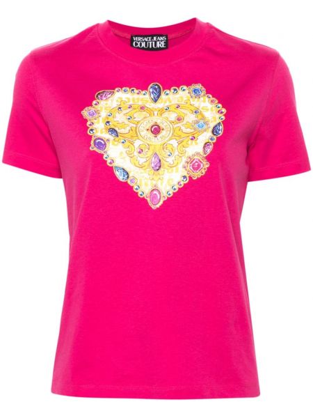 Tričko s potiskem se srdcovým vzorem Versace Jeans Couture růžové
