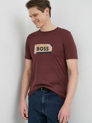 Памучна тениска с дълъг ръкав с принт Boss винено червено