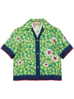 Копринена риза на цветя с принт Gucci зелено