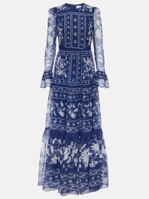 Rochie lunga de mătase cu imagine Erdem albastru