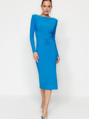 Πλεκτή βραδινό φόρεμα με στενή εφαρμογή ντραπέ Trendyol μπλε