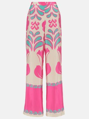 Μεταξωτό παντελόνι με ψηλή μέση με σχέδιο Adriana Degreas ροζ