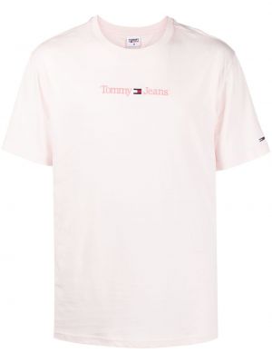 Kokvilnas t-krekls ar izšuvumiem džersija Tommy Jeans rozā