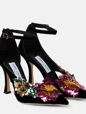 Pantofi cu toc de catifea cu model floral Jimmy Choo negru