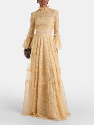 Krajkové dlouhé šaty Costarellos zlaté