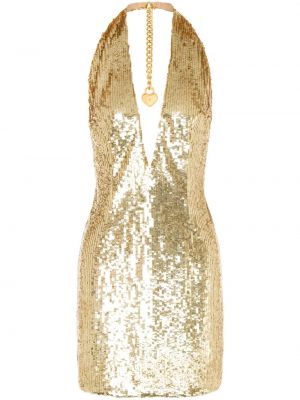 Koktejl obleka s cekini z v-izrezom Moschino zlata