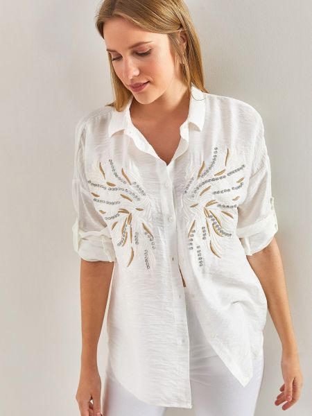 Lniana haftowana koszula Bianco Lucci