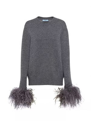 Кашемировый свитер с перьями с круглым вырезом Prada серый