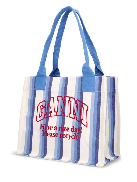 Памучни шопинг чанта на райета Ganni синьо