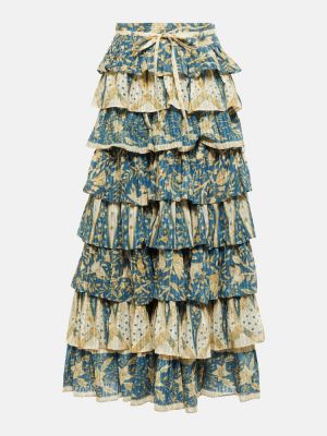 Długa spódnica z wysoką talią w kwiatki z falbankami Ulla Johnson - niebieski