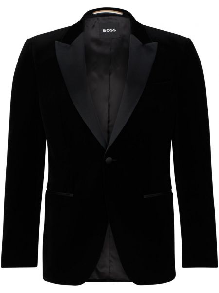 Žametna ukrojena obleka iz rebrastega žameta Boss črna