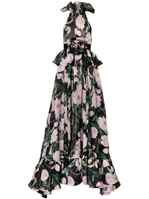 Cu peplum rochie de mătase cu model floral Carolina Herrera negru