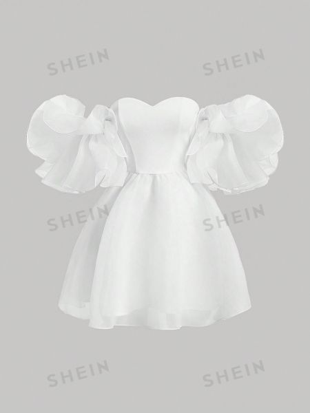 SHEIN MOD Женское платье на одно плечо с рюшами и рукавами белый