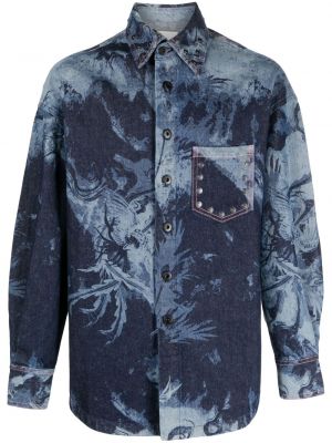 Raštuota džinsiniai marškiniai Feng Chen Wang mėlyna