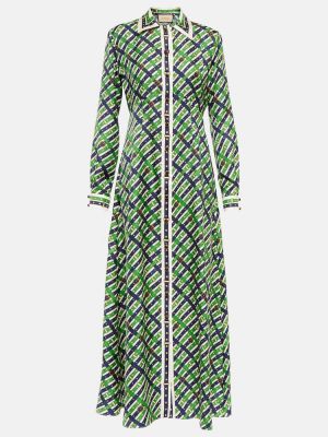 Svilena dolga obleka s karirastim vzorcem Gucci zelena