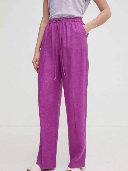 Lniane proste spodnie z wysoką talią United Colors Of Benetton fioletowe