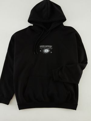 Raštuotas flisas džemperis su gobtuvu oversize Trendyol juoda