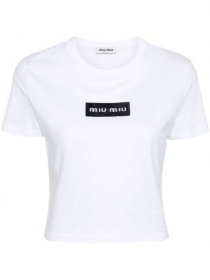Koszulka z cekinami bawełniana Miu Miu biała