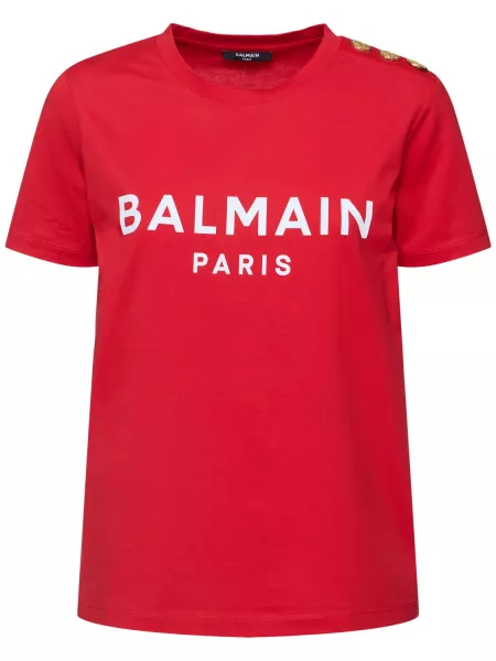 T-shirt med knappknäppning med mönster i jersey Balmain röd