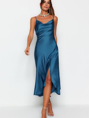 Плетеное атласное вечернее платье Trendyol синее
