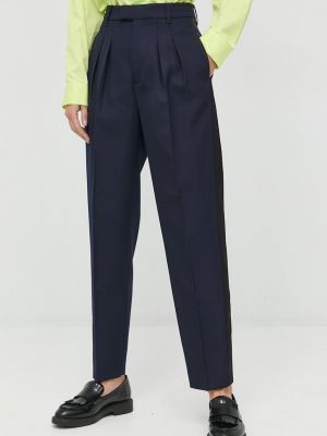 Karl Lagerfeld pantaloni din lana Karl Lagerfeld X Cara Delevingne femei, culoarea albastru marin, drept, high waist