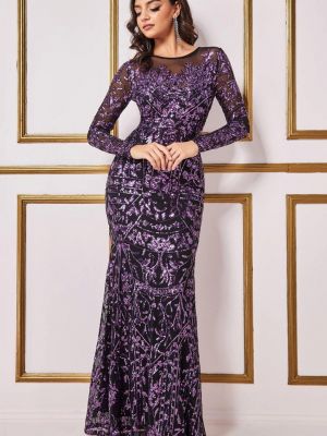 Длинное платье с вышивкой с пайетками с сеткой Goddiva фиолетовое