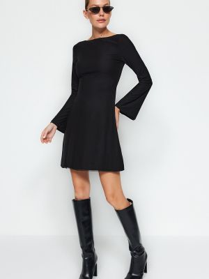 Tylové pletené mini šaty s lodičkovým výstřihem Trendyol černé