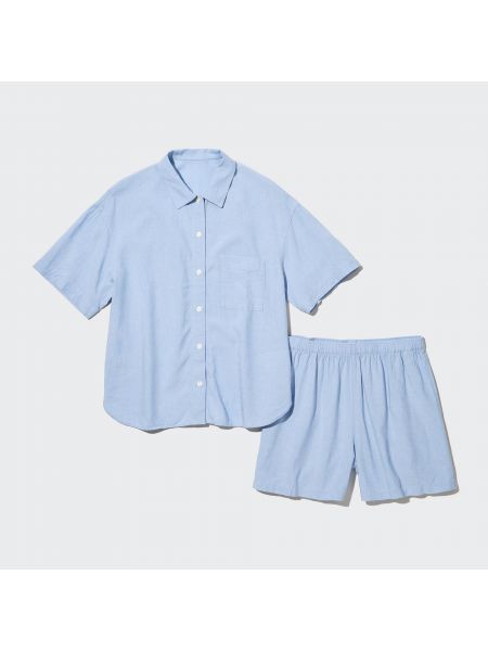 Льняная пижама с коротким рукавом Uniqlo синяя