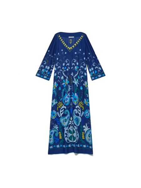 Haftowana sukienka długa w geometryczne wzory Maliparmi niebieska