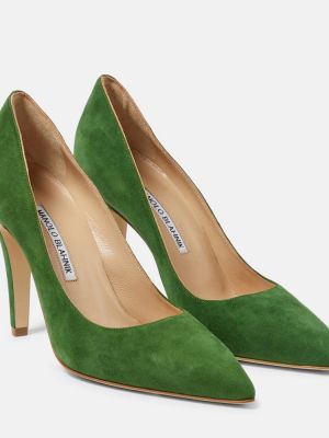 Pantofi cu toc din piele de căprioară Manolo Blahnik verde