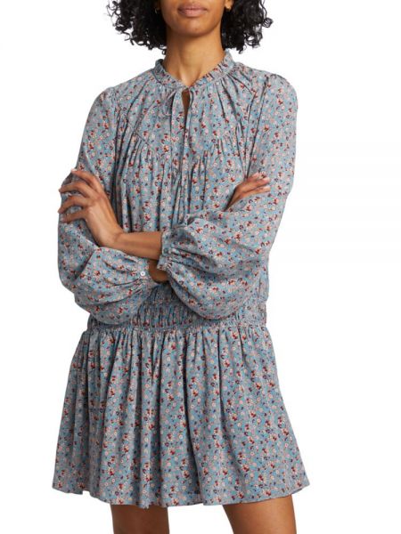 Шелковое платье мини в цветочек с принтом Joie синее