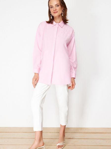Pletená bavlněná košile s perlami Trendyol růžová