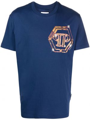 Памучна тениска с принт Philipp Plein синьо
