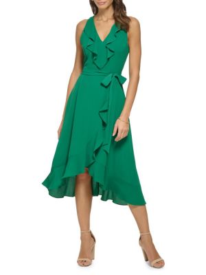 Асимметричное платье миди с рюшами с тропическим принтом Kensie зеленое