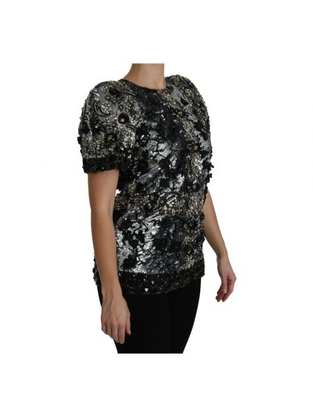 Bluzka z cekinami z okrągłym dekoltem koronkowa Dolce And Gabbana czarna