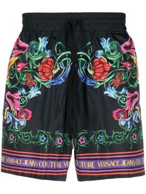 Pantaloni scurți din denim cu model floral cu imagine Versace Jeans Couture negru