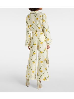 Svilene satenske hlače s cvjetnim printom Burberry žuta