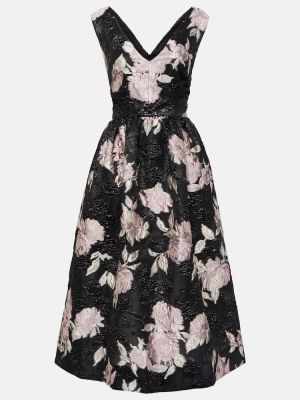 Midi obleka s cvetličnim vzorcem iz žakarda Monique Lhuillier črna