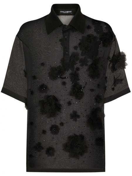 Caurspīdīgs polo krekls ar ziediem Dolce & Gabbana melns