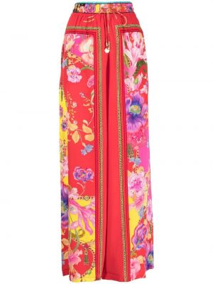 Květinové hedvábné rovné kalhoty s vysokým pasem Camilla - červená
