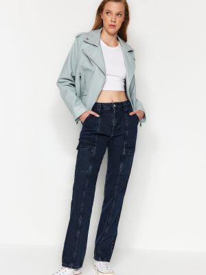 Straight fit džíny s vysokým pasem s kapsami Trendyol modré