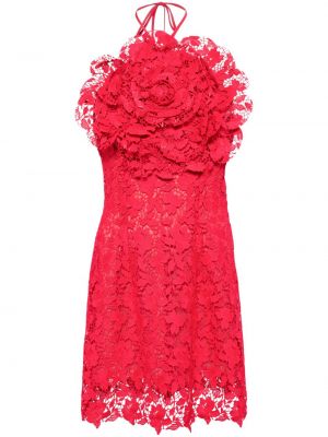 Krajkové květinové koktejlové šaty Oscar De La Renta červené