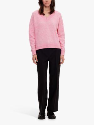 Шерстяной свитер из шерсти мериноса с v-образным вырезом Selected розовый