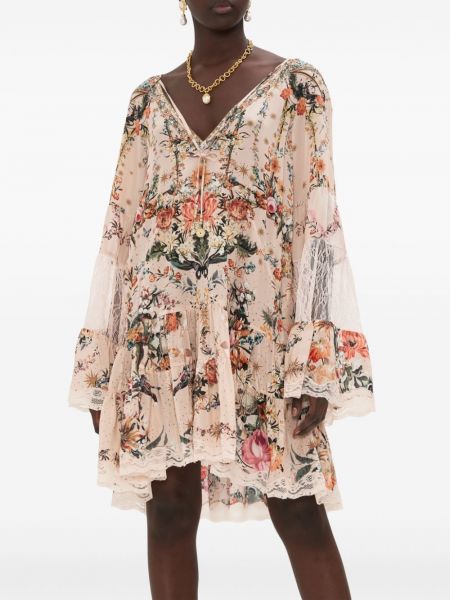 Květinové hedvábné trapézové šaty s potiskem Camilla růžové