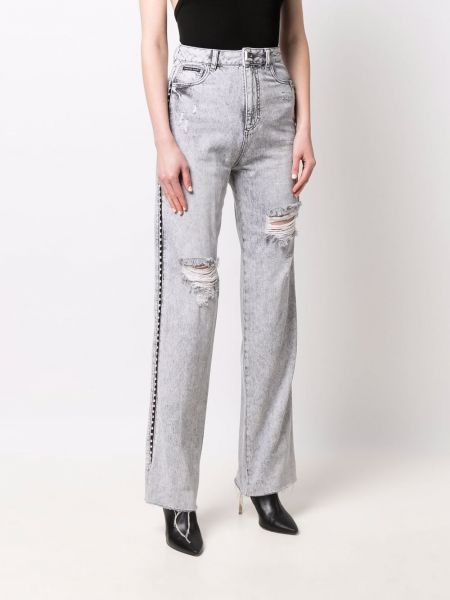 Křišťálové straight fit džíny s dírami Philipp Plein šedé