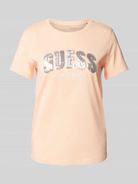 Koszulka z cekinami bawełniana Guess pomarańczowa