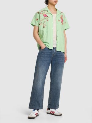 Bombažna srajca z vezenjem s cvetličnim vzorcem Harago zelena