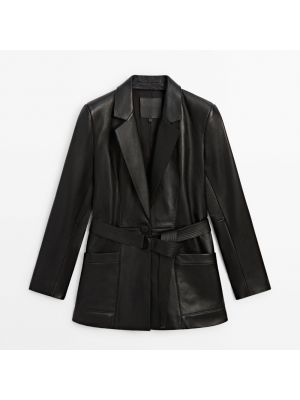Кожаный пиджак Massimo Dutti черный