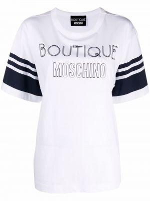 Pruhované bavlněné tričko s potiskem s krátkými rukávy Boutique Moschino - bílá