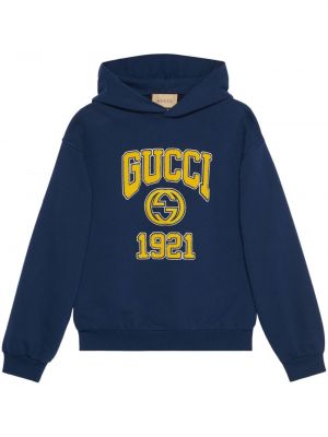 Pamučna hoodie s kapuljačom s vezom Gucci plava